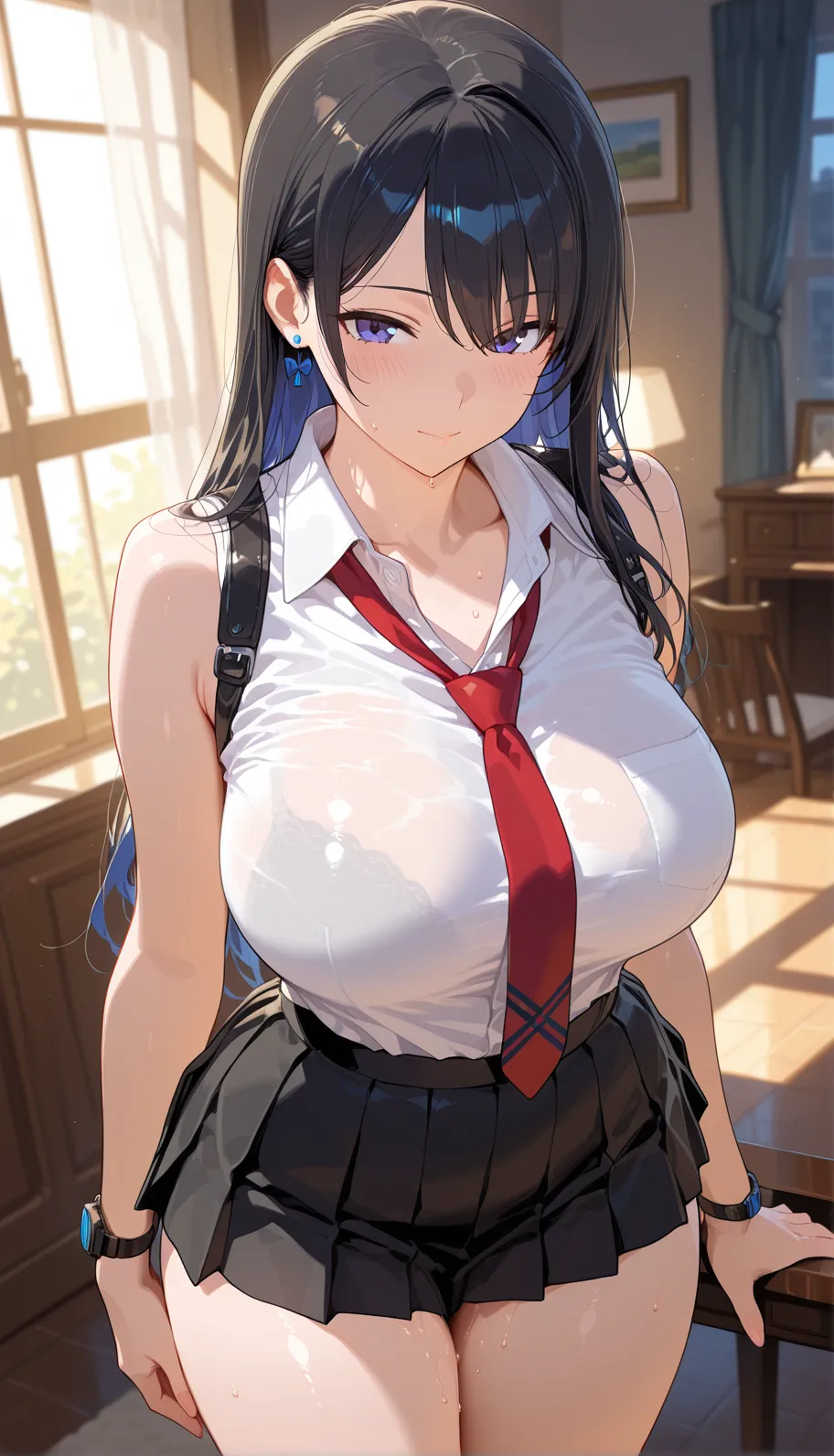 masterpiece,Highest quality,Highly detailed face,(((1 slim sexy girl))), ((1boy and 1girl are having sex)),((Cum there)),(((cowgirl position, girl on top:1.3))),(Black hair ponytail), (((Huge breasts))), (((White see-through shirt、Pleated skirt:1.4))),((Girl straddling a man:1.5))、((Painful face))、Heart symbol、excited、White Breath、(((SEX in the classroom)))、(Sweat:1.2)、Nervous、Heart symbol