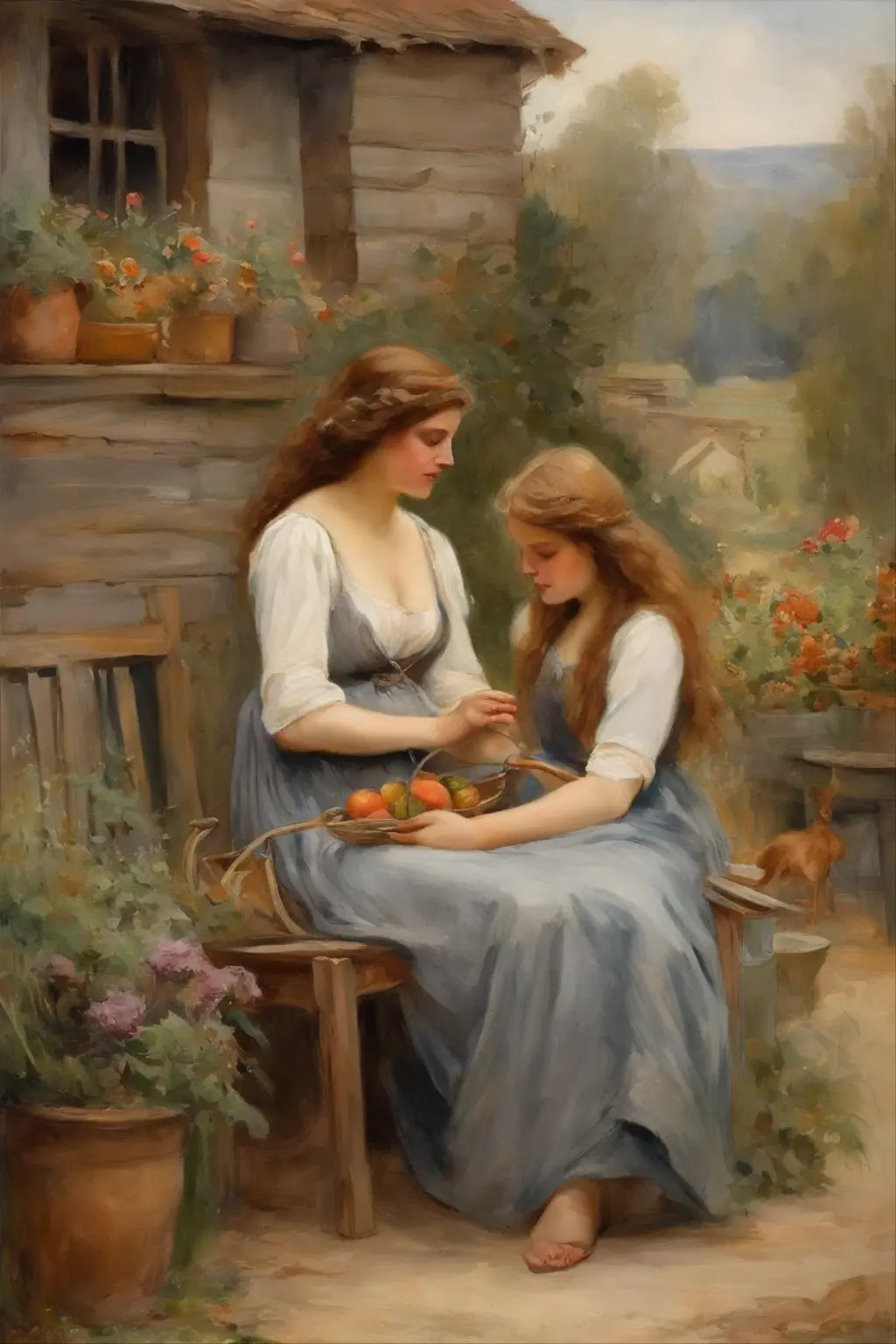 william waterhouse style painting, young maiden, long brown curly hair, {sitting in a rocking chair}, {wavy wild hair}, {holding a can of desperados} smoking a ciggerette} breast feeding twin babys with husband in the background, {barn house} {pot plants in the background}