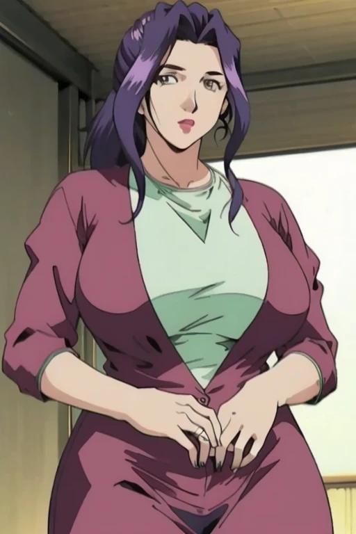 score_9, score_8_up, source_anime Bibl3, cock shock, misato katsuragi, blue hair, purple hair, low_ponytail, brown eyes, hypnotized, offset eyes, huge breasts, heavy breasts, breast expansion, full lips, vivid lips, wide hips, thick thighs, white tank top, pink pajama shorts, cameltoe, viewed from front, doorway of bathroom, girl shocked, innocent expression, raised eyebrows, detailed eyes, detailed face, puckered lips, pretty woman, open mouth
