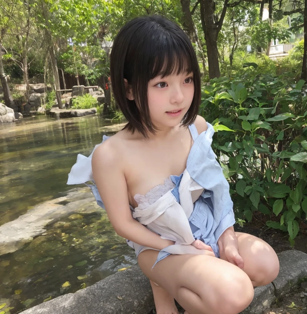 (best quality:1.2), masterpiece, Realistic, Ultra-high resolution, ((a beautiful Japanese idol woman:1.2)), (Gaunt:1.3), (((Very flat chest:1.4))), ((Baby Face)), (upper body), ((Raise your arms to show your armpits:1.4)), (sweaty armpit:1.2), ((Armpits are wet and shiny with sweat)), (((sweaty armpits))), Armpit depression, ((((Deeply wrinkled armpits)))), She has skin that sweats easily Soaking wet, (topless), (I can see my pores), in Japanese hot springs, Outdoor hot spring, Stone hot spring, Moss and trees Surrounded by, Wearing split (Lace Headband:1.2), (realism:1.5)
