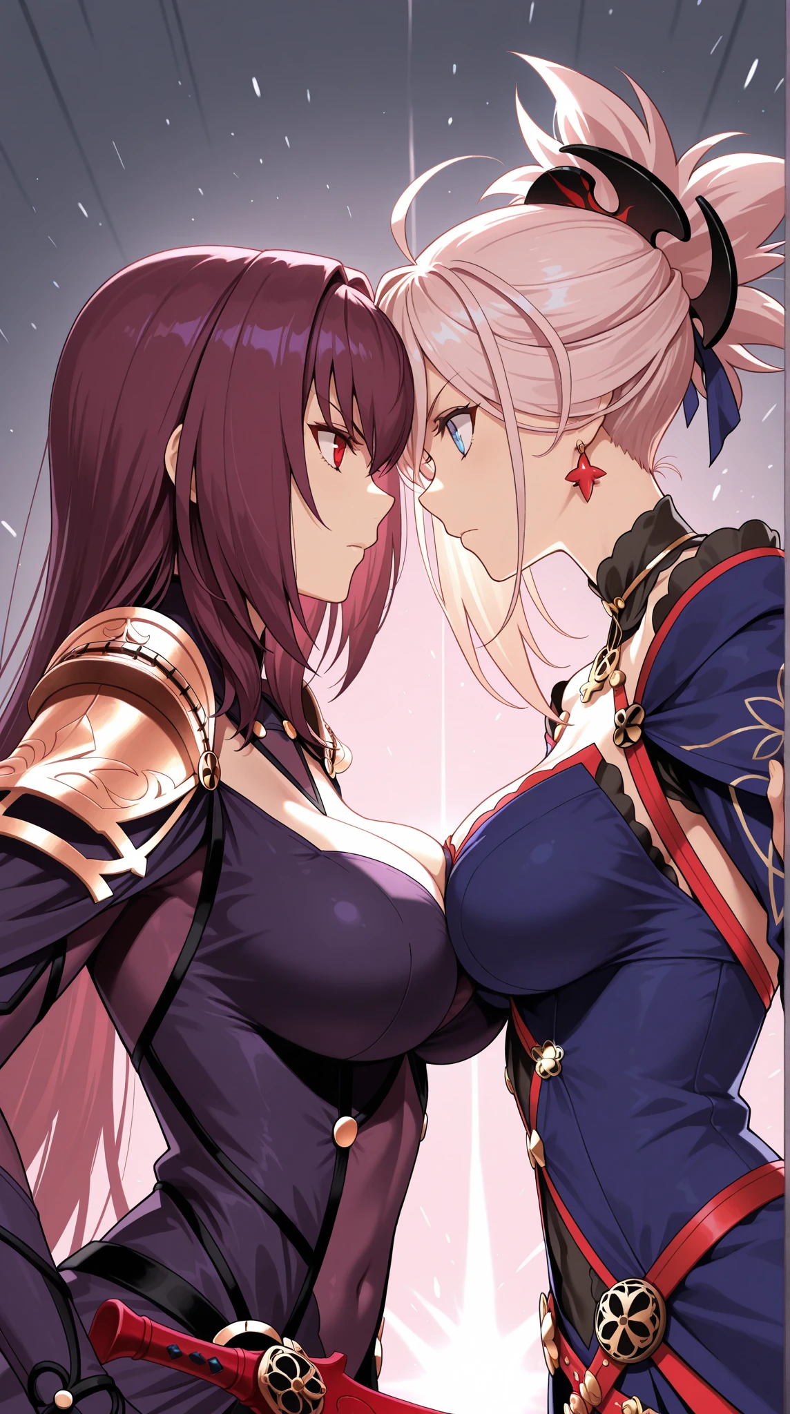 ,I feel like I'm pulling my camera ,high definition ,face to face,face to face,E cup milk, open chest,masterpiece , need , details , best quality , quality , need , tall detailss , High detailss , accurate , 2 Girls , solo, ufotable style , ufotable anime ,Miyamoto Musashi Saber,Shinmen Musashimamu Fujiwara Genshin,2-Sword Flow,object,Serious Fate/Grand Order , property:Chaos and Goodness ,gender:female , Fate/Grand Orde,Ponytail hair color light pink,battle,duels, ,ufotable style , ufotable anime , scathach , scathach Fate/Grand Order , destiny , Fate/Grand Orde kasaha,RED PISTOL2Watch Hongun,Competition,