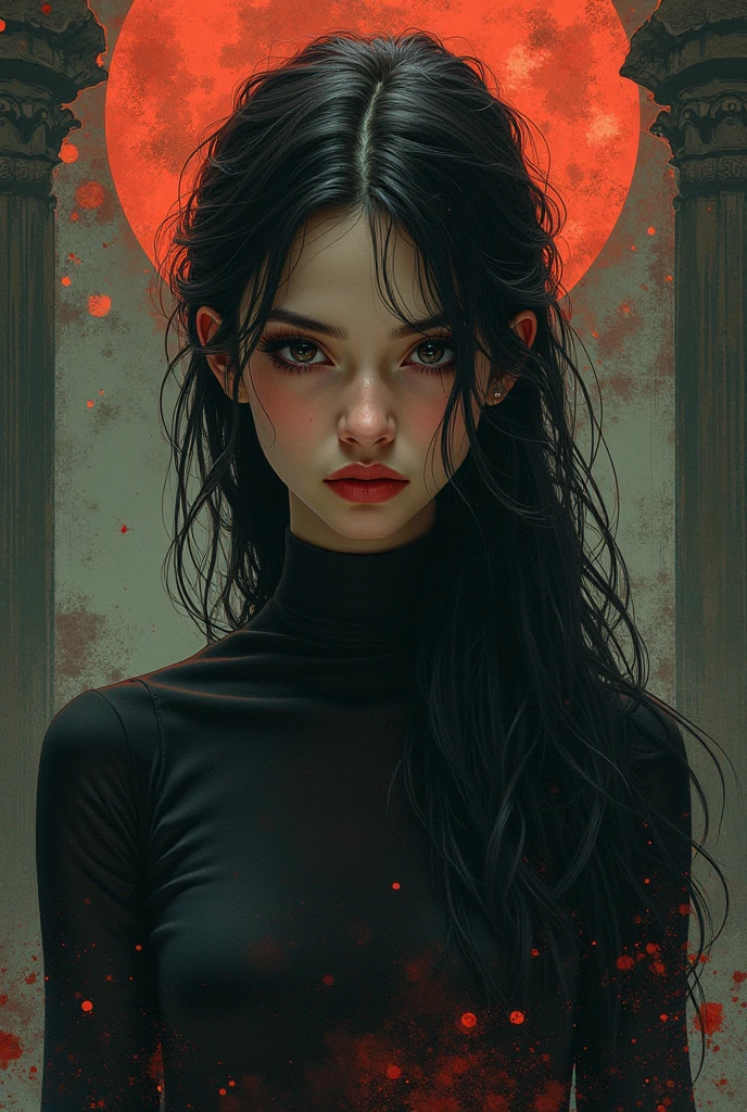 ultra quality, work of art, Maximum details, 8k, vampire woman, 1 girl, gaping mouth, sharped teeth, yellow cat eyes, flare eyes, blood in The face, pale skin, slim, Bblack hair, red highlights in hair, expressão facial frightfula, white social t-shirt, bloody t-shirt, black pants, dark, frightful, fund: macabre forest