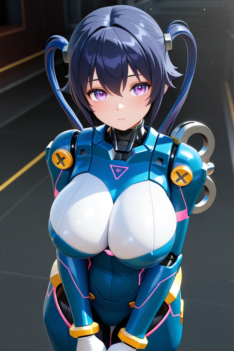 full body,masterpiece, high details, high quality, best quality, anatomically correct, masterpiece, textured skin, super detail,ultra-detailed, best quality, extremely detailed, 8k, high res, realistic, 1girl, 18yo, beautiful girl, (half closed eyes),(narrowed eyes:1.2),(open mouth), (blush:1.2),BREAK,(cyber armor:1.8),(a close up of a woman in a purple and white gundam custume:1.4),blue beautiful eyes, (dark blue medium bob hair,asymmetrical parted bangs:1.8),BREAK,(Ray gun:1.5),(voluptuous bust:1.3),(Gaunt , thin waist:1.3),looking at viewer,white background,