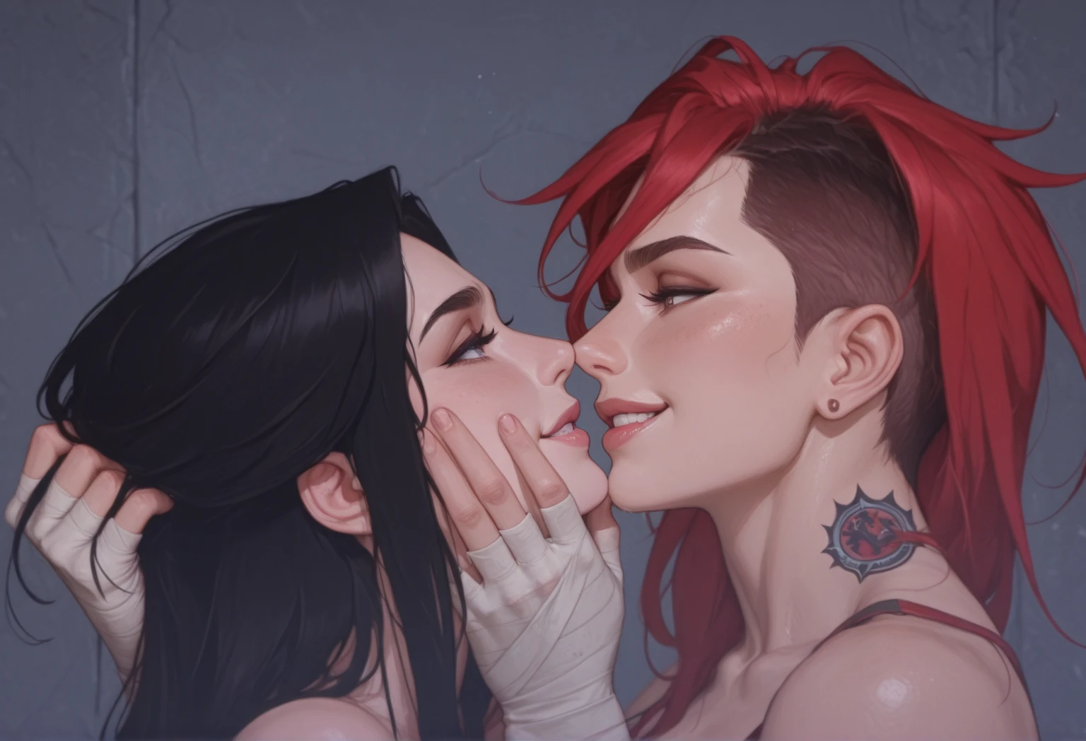 rating_explicit, beautyful woman, gothic, mature woman, tattoos in whole body, slim body, slender body, long sidecut hair, lilac hair, long hair, black lipstick, lesbian sex, 2 woman, japanese woman, long black hair, holding her face, smile