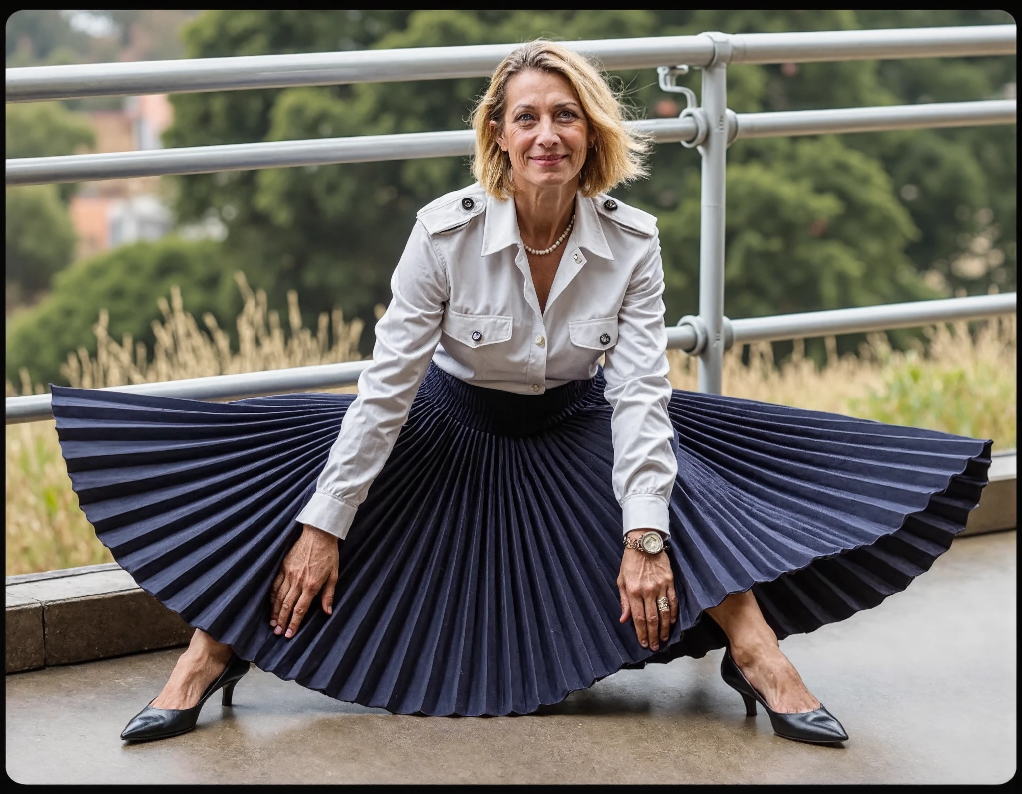 Prompt: A stunning portrait captures my mother's mature beauty as she sits confidently on her desk, daringly spreading her legs amidst a vibrant space station backdrop featuring galaxies and spaceships. Her long pleated skirt flows around her, juxtaposing modesty (shoulder-padded uniform jacket, low-heeled office shoes) with femininity, grace, and devotion. As she lifts the skirt, inviting me to come under it, her face is flushed and sweaty as it radiates gentleness, compassion, and subtle flirtatiousness, highlighting her very large and prominent, saggy breasts and hard nipples beneath a soft smile, that reveals her lustful desire for my touch and overwhelming desperation for intimacy and love. Rich colours and accurate lighting accentuate fabric textures, pleats, and wind effects, creating an intimate atmosphere in this long-exposure photograph that captures every intricate detail.