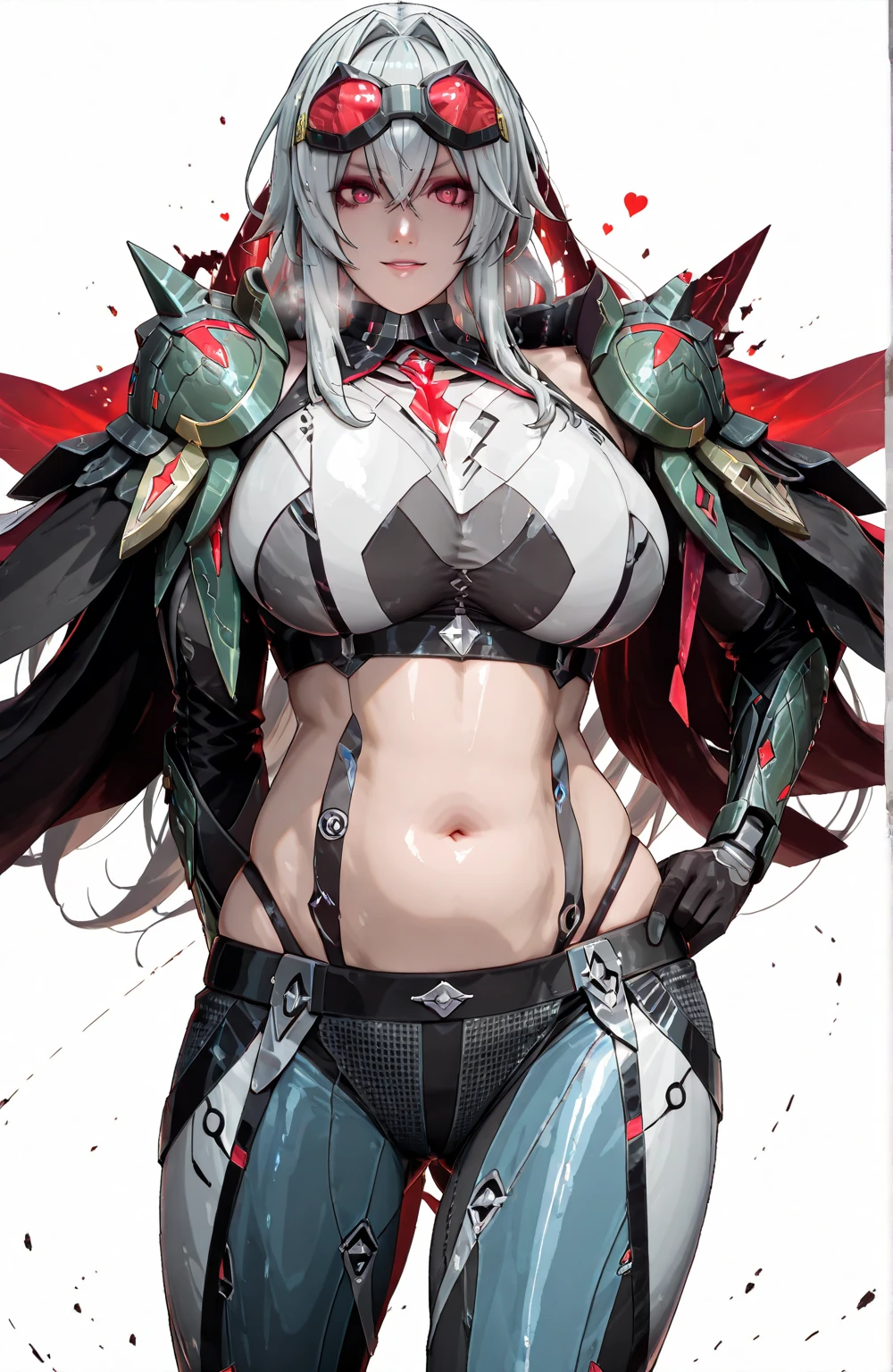 Ssp, (tanabe_(studio_tiamat)-style:1.2), (Mark_Gavatino-style:1.2), ((anatomical correct)), ((Cinematic, unreal engine, eye-catching, ambient occlusion, UHD, masterpiece)), ((perfect lighting, soft shadow)), perfect body, perfect eyes, perfect fingers, gasping, heavy breathing, gasping profusely, ((skindentation)), ((curvy)), RUBILIA, red eyes, long hair, ((silver hair)), hair intakes, hair between eyes, sidelocks, very long hair, jewelry, plump, 1girl, solo, poke_ball, breasts, goggles, navel, goggles_on_head, poke_ball_(basic), makeup, heart, holding_poke_ball, holding, shoulder_cutout, crop_top, clothing_cutout, white_background, gloves, looking_at_viewer, midriff, hand_on_hip, ass_visible_through_thighs, smirk, hollow eyes, bare_shoulders, parted_lips, simple_background, hip_vent, lipstick, pants