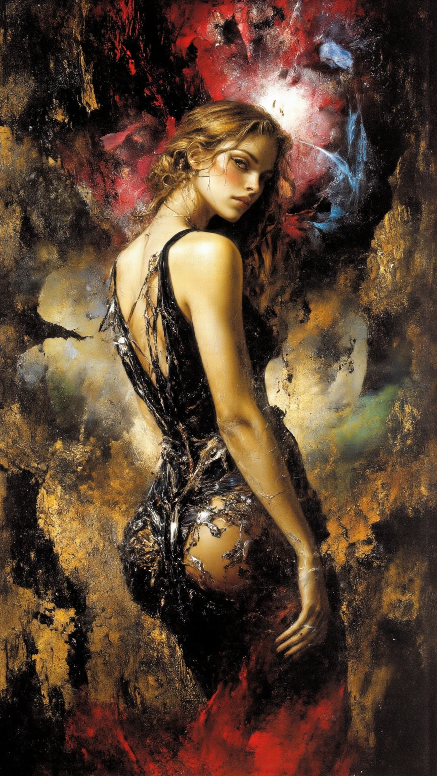 ((view from the back)): [Young 1girl, Cute Black Chaos hurricane Bob To The Wind, ((style by El Greco/Tomas Mann/John Constable!)!) baroque::20]:BG[Nebula IC434 crimson/liliac] (Art by Slawomir-Maniak), Lush watercolor palette canvas/acrylic, Intricate, Extreme detailing, Complex key, ((Single Shot)), ((Best Quality)), ((Masterpiece)) , ((perspective)), (IDEAL body), 8K, impressionism: 0.2 Обои Full HD
