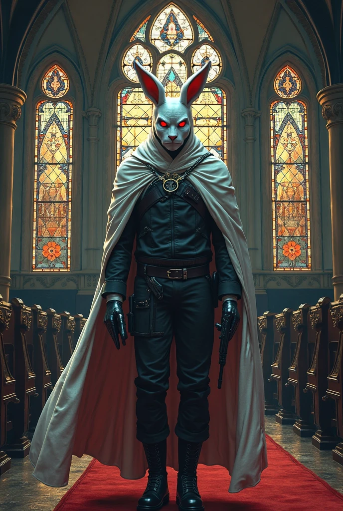 Realistically、Gunman wearing a white rabbit cover、red eyes、Put on your ...