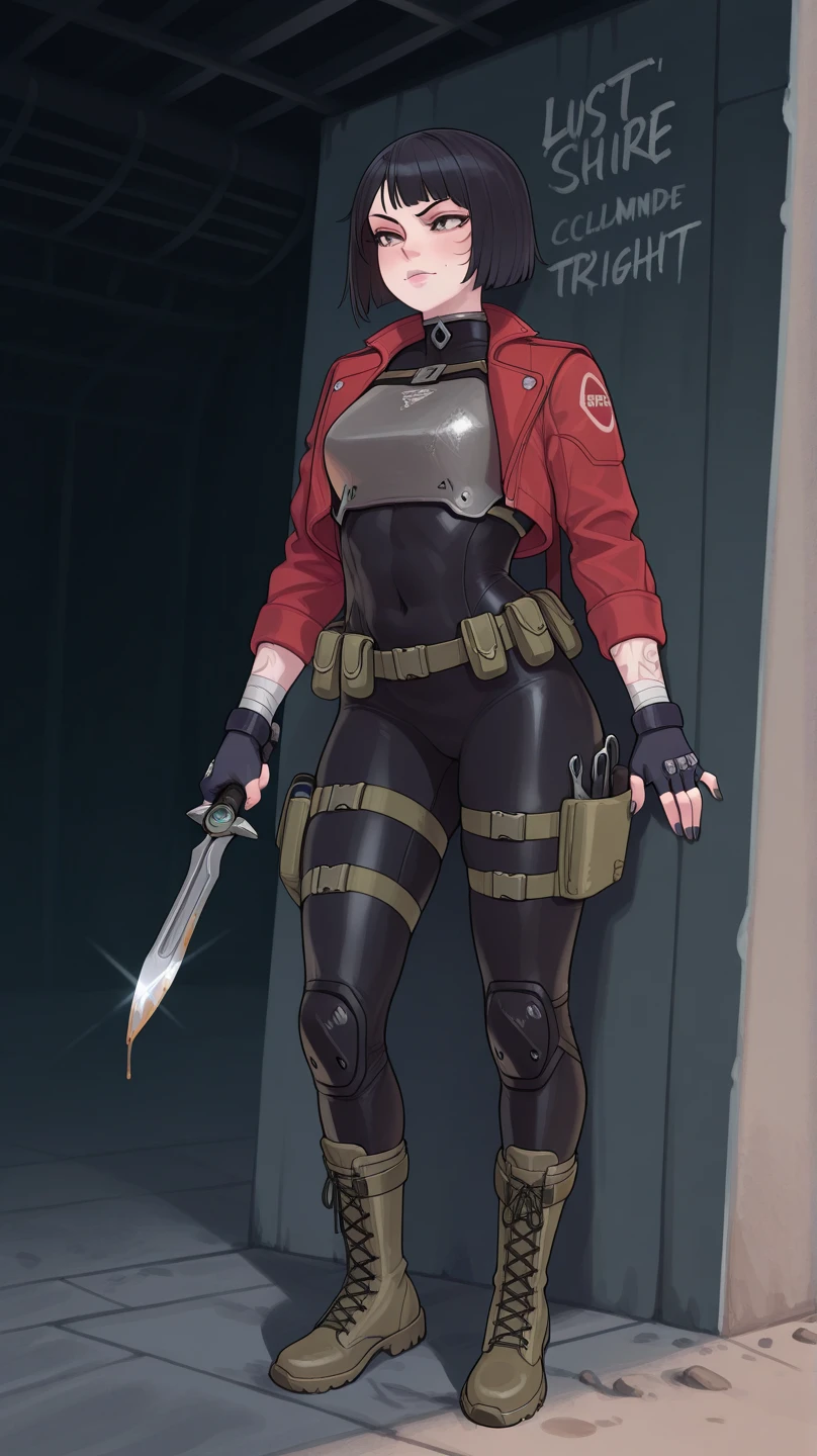 a close up of a cartoon of a woman, cyborg merchant girl, cyborg merchant woman, as a retrofuturistic heroine, android heroine, cyborg noble woman, female spy, light green clothes, bare legs, black boots, standing