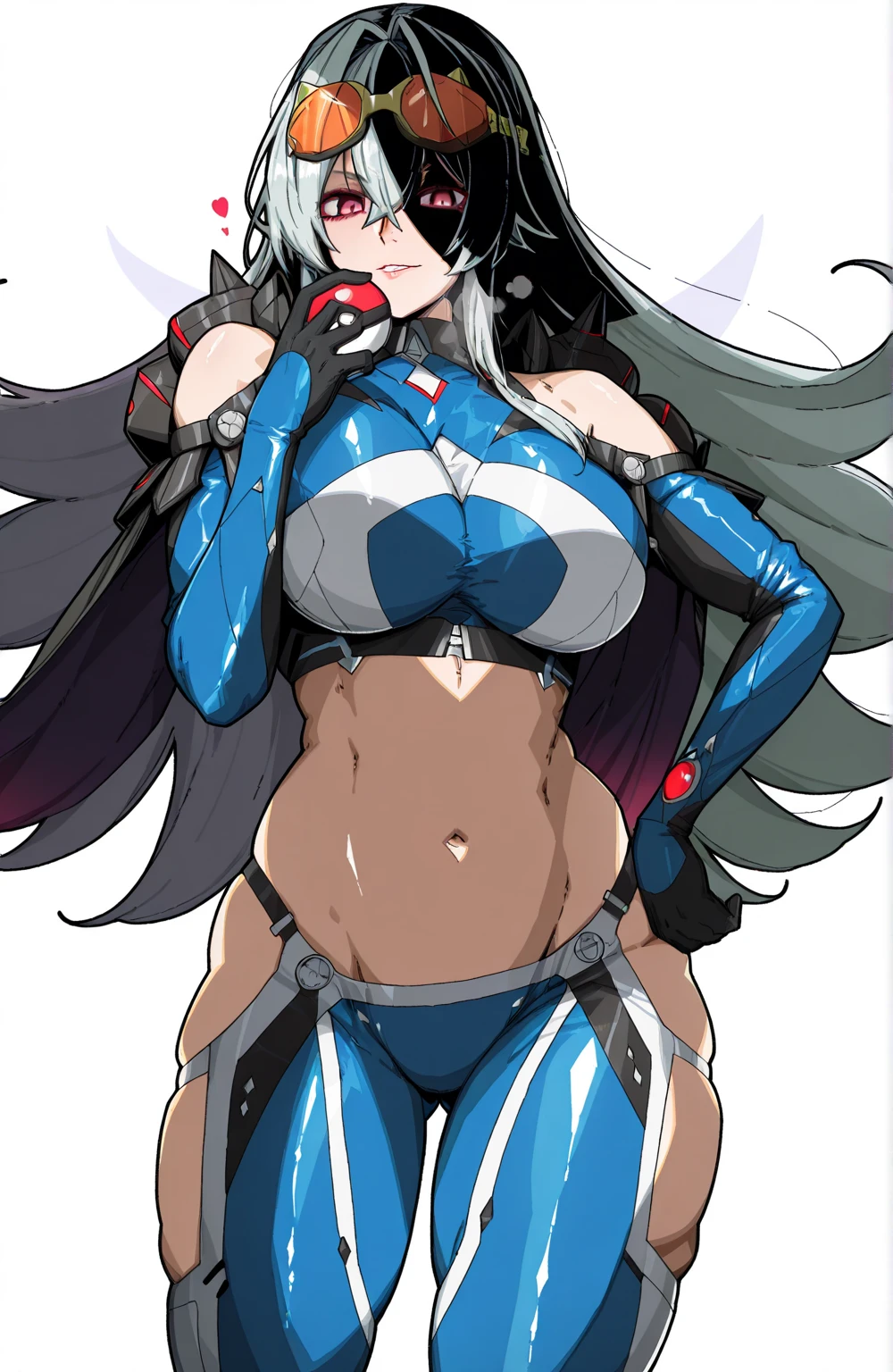 Ssp, (tanabe_(studio_tiamat)-style:1.2), (Mark_Gavatino-style:1.2), ((anatomical correct)), ((Cinematic, unreal engine, eye-catching, ambient occlusion, UHD, masterpiece)), ((perfect lighting, soft shadow)), perfect body, perfect eyes, perfect fingers, gasping, heavy breathing, gasping profusely, ((skindentation)), ((curvy)), RUBILIA, red eyes, long hair, ((silver hair)), hair intakes, hair between eyes, sidelocks, very long hair, jewelry, plump, 1girl, solo, poke_ball, breasts, goggles, navel, goggles_on_head, poke_ball_(basic), makeup, heart, holding_poke_ball, holding, shoulder_cutout, crop_top, clothing_cutout, white_background, gloves, looking_at_viewer, midriff, hand_on_hip, ass_visible_through_thighs, smirk, hollow eyes, bare_shoulders, parted_lips, simple_background, hip_vent, lipstick, pants