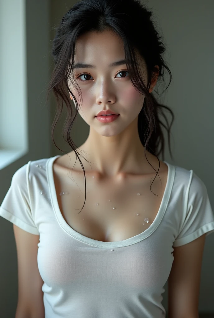 ((Best Quality, 8K, Masterpiece: 1.3)), perfect e-girl makeup, sexy tank top that emphasize perfect cleavage, amazing breast enhancement, refresh, hard blushing, perfect long strong winged eyeliner, perfect cleavage, big breasts, wants your cum on her breasts, squeeze arms, shocked expression, mouth open, wide jaw drop, tongue out, perfect breast shape, chubby chin, cute face, red lips, beautiful eyes detail, sports bra, upper body focus, full lips, lively face, lustful look