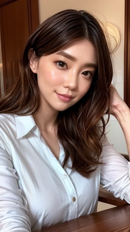 ((highest quality, 8k, masterpiece, Portraiture: 1.3)), (Looking at the audience),Tabletop、Near Movies、 Attractive business mature woman, 1 person, Slightly thicker:0.4,Light brown medium hair、 ((Cherry-coloured collared shirt)),((Big Tits 1.6)) ,Good posture、An office in the strong afternoon sunshine、Bright room、((A gentle smile))、A gaze that seduces viewers、