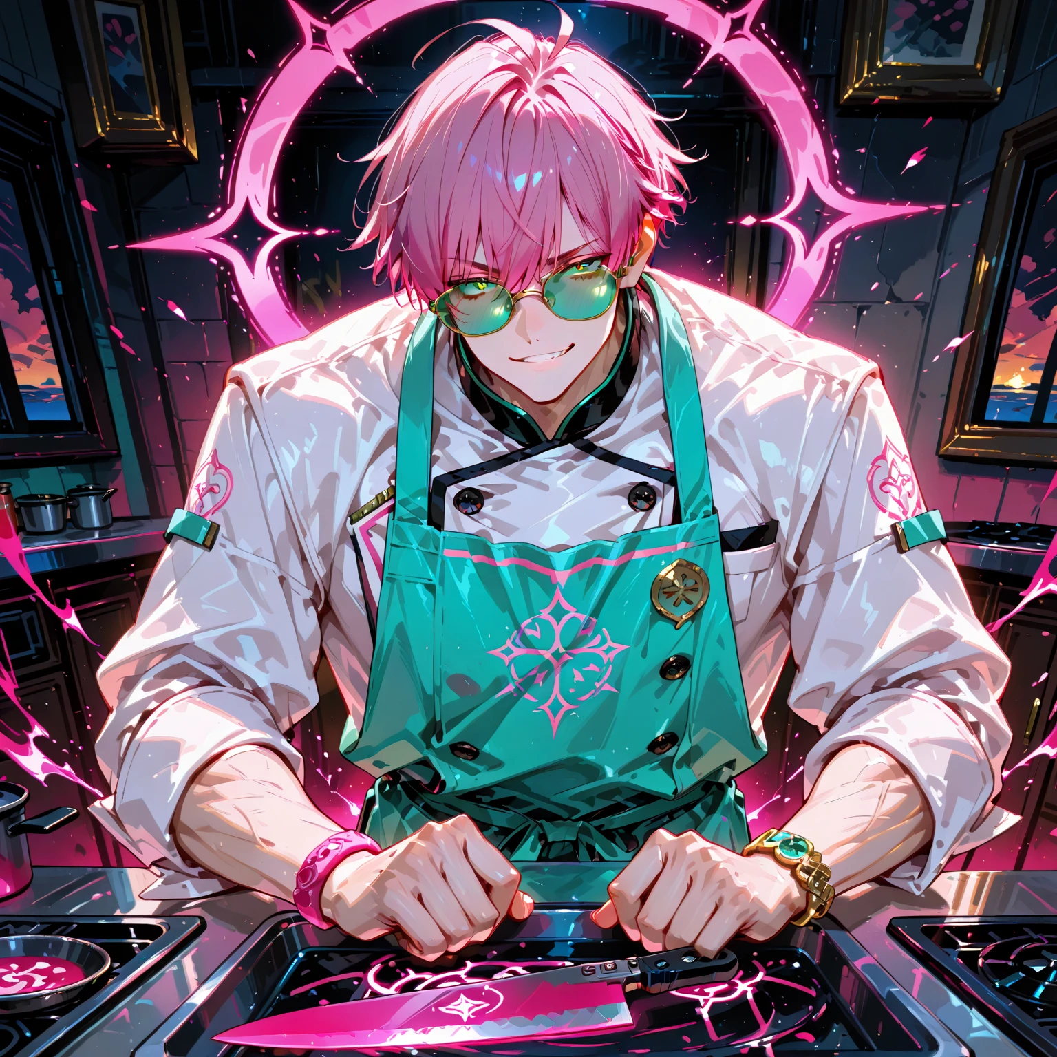 score_9, score_8_up, score_7_up, source_anime, 1boy, solo, male focus, tgrants, brown hair, hair over one eye, brown dress, bare shoulders, detached sleeves, white gloves, red thighhighs, standing, ((drinking)), pink potion, nervous, blushing, closed eyes, shaking, (erection under clothes), cowboy shot, looking down, potion room,