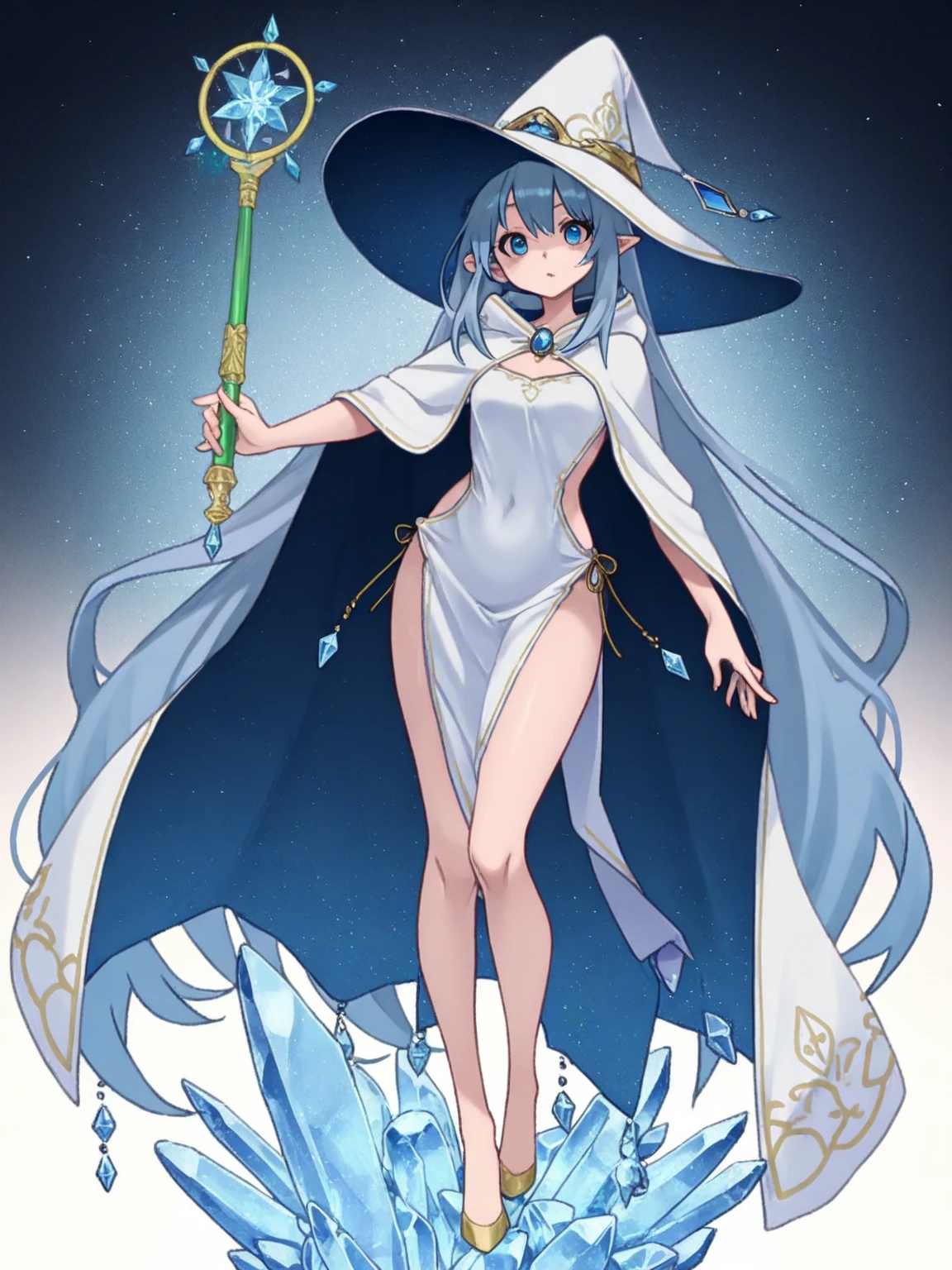 a cartoon of a woman dressed in a superhero costume holding a wand, witch academia, superhero sorceress witch, glamorous angewoman digimon, sky witch, by Aguri Uchida, maya ali as an ice mage, white tuxedo, leotard, solid white leotard with florescent blue accents, bare legs, white thigh-highs, winter boots, white witch hat, white hair, long hair, ponytail, green eyes, beautiful detailed eyes, beautiful detailed face, cute face, slightly large breasts, (smile, wink), playful, flirty, age 16-18, solo, solo focus, wonder. full body portrait, cowboy shot