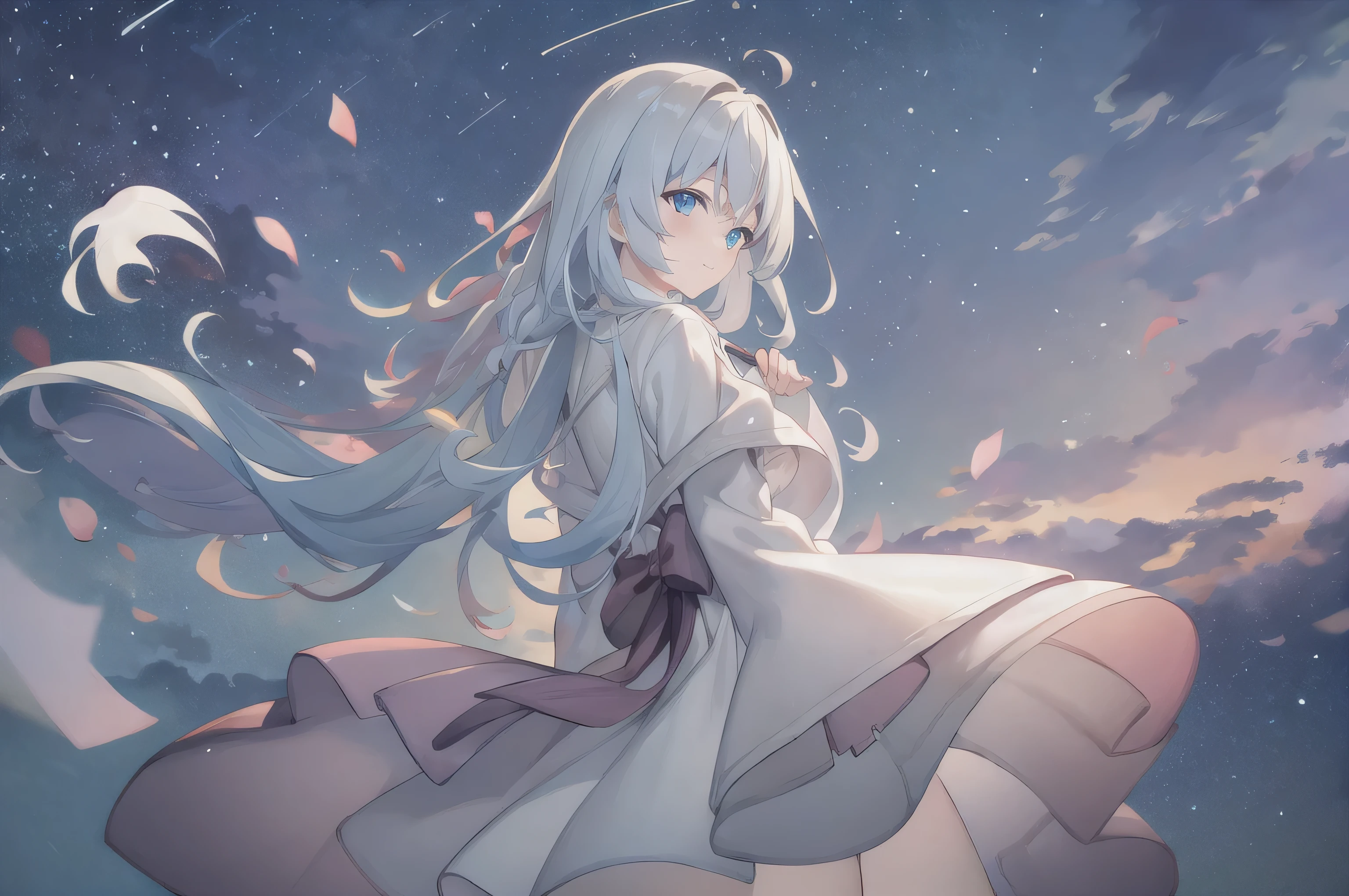 (best quality, masterpiece, high resolution),1 girl,alone,long hair, bangs,Cowboy Shooter, blurry,wind,lightweight particles,(super detailed), REAL LIGHTING , 4K, 8,000,white dress , skirt,White hair, long hair,night,Sky,Star,Stars,抬头望向Sky,background, looking back at the audience ,Back。
