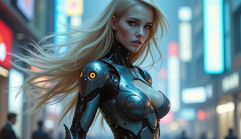 Keep the armor futuristic technology. You do NOT have to wear a helmet. I want it to be seen that it is a female human person maintaining the futuristic work. Place it in a city with RTX neon highlights. The character must be facing forward with his hand waving, smiling. Make the image lighter and the background darker. Blonde hair character. Image from the character&#39;s thighs. Very Busty The armor should be matte gray and dull black with plenty of strong neon electric blue details. The armor has a very sensual neckline.