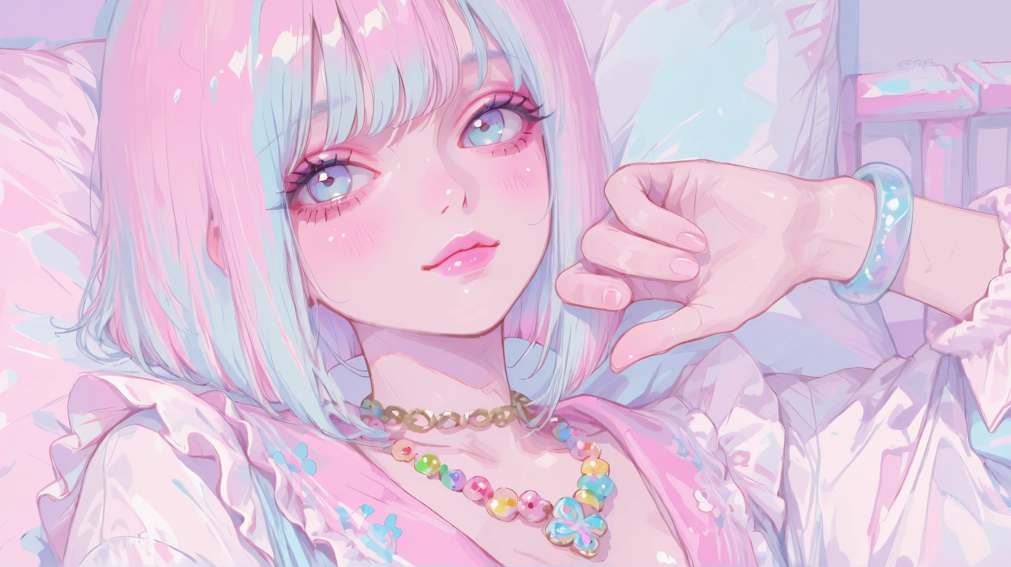 Pastel colors, one girl, 80's attire, cute light blue eyes, pink lips, top quality, crf pastel colors, one girl, 80's attire, pink lips, top quality, light blue bracelet, colorful necklace, pastel hair, (pastel straight bob),