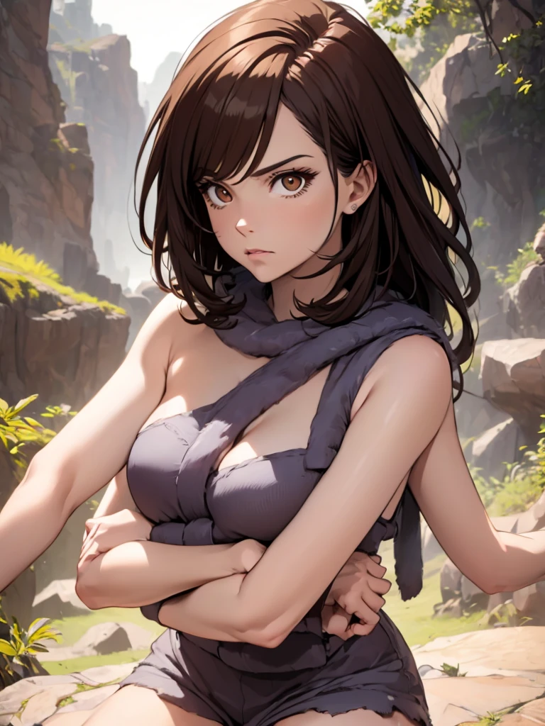 photo of mlp Meowko, RAW, beautiful woman, ((portrait)), ((detailed face:1.2)), ((anime face, anime facial feature, clear skin, clear skin), (short messy lesbian haircut, shaved left side, brunette: 1.55),  (perfect proportioned body, Strong, muscular, narrow waist, narrow hips, skinny, large breasts), (wearing Hunter armor, leather pants, van braces, big boots, fingerless gloves: 1.1), (crossing arms: 1.22), (detailed mountainous background:1.1), valley, overlooking waterfall, (realistic photo, best quality, detailed), (8k wallpaper), (cinematic lighting, beautiful light, (day:1.3)) (sharp focus, intricate)