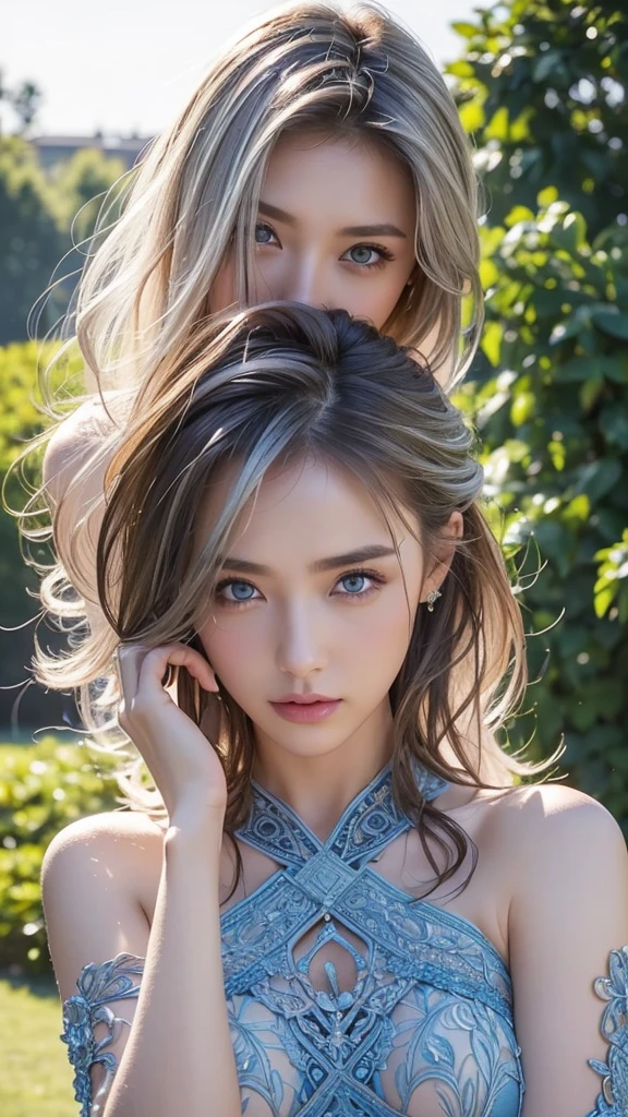 ((top quality, 8 thousand, masterpiece: 1.3)), 1 woman, (Hairstyle casual, medium breasts:1.3), Trendy:1.2, ultra fine face, detailed eyes, double eyelid, smile, groove, long legs, mischievous expression, (A huge and beautiful scenery is visible behind:1.3), blonde woman with wavy hair, (various materials, multi colored attire:1.4), small face, beautiful body,