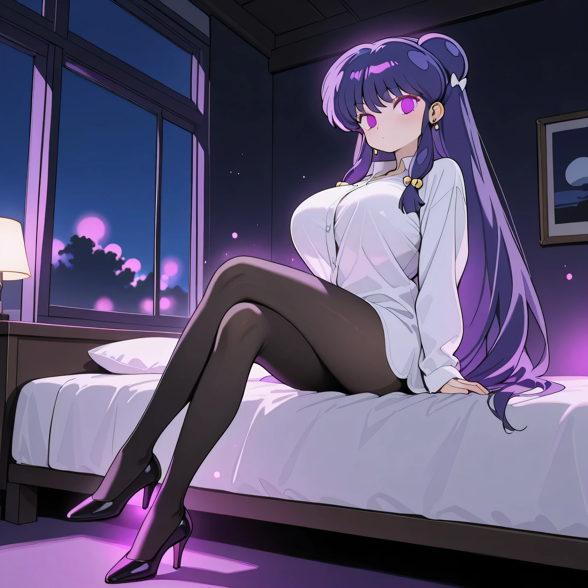 score_9, score_8_up, score_7_up, 1girl, solo, (top quality, 8k), high resolution, smooth, best quality, highly detailed, looking at viewer, bedroom at night, window with purple light, (dark room), huge breasts, covered breasts, glowing hypnotic waves in the background, at night, ((perfect hands)), beautiful hands, ((slim fingers)), expressionless, masterpiece, high quality, absurd resolution, beautiful hands, blush, hypnotic eyes, glowing purple eyes, empty eyes, long white shirt, open clothes, naked shirt, taut clothing, black pantyhose, perky breasts, high heels, being hypnotized, full body shot, v_arms, hand on bed, leaning back, crossed legs, sitting in bed, jewelry, earrings, Shampoo, Ranma 1/2, purple hair, very long hair, hair buns, very thin legs, long legs