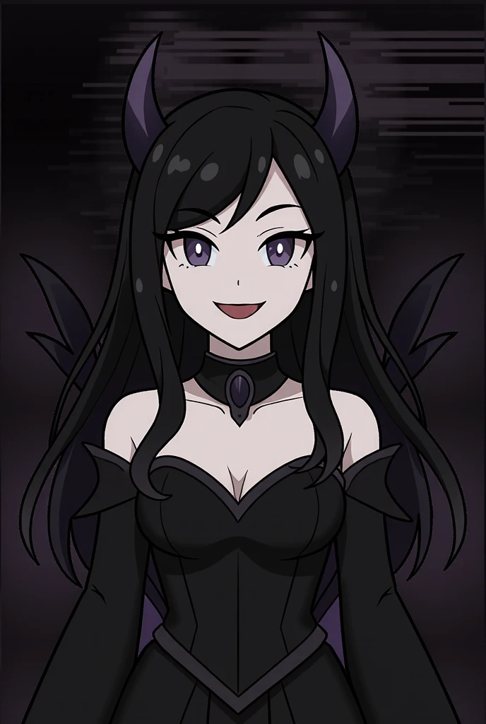 A beautiful and sexy woman with long wavy violet hair, drill curls, side-swept bangs, sharp blue eyes, light skin, smile, wearing a sparkly black dress, fishnet stockings and pearl necklace, there's two black devil horns on her head, and she also has a black devil tail and black demon wings, she's standing in the city at nighttime