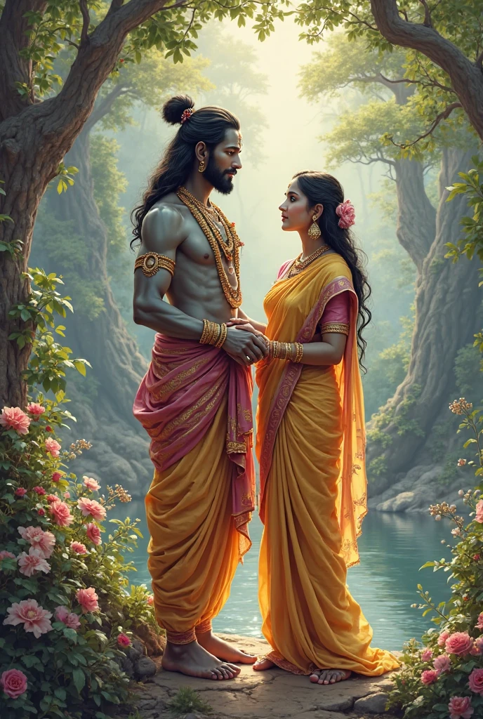 Depict Lord Hanuman and Lord Rama standing in a serene garden filled with vibrant flowers and lush greenery. Lord Hanuman, holding his Gada in one hand, is standing on a large stone. He is facing Lord Rama with his hands folded in deep reverence and prayer. Lord Rama, dressed in traditional attire with his bow resting beside him, looks at Hanuman with grace and compassion. The scene is set in the soft glow of a golden sunset, with rays of sunlight filtering through the trees, adding a divine aura to the moment.
