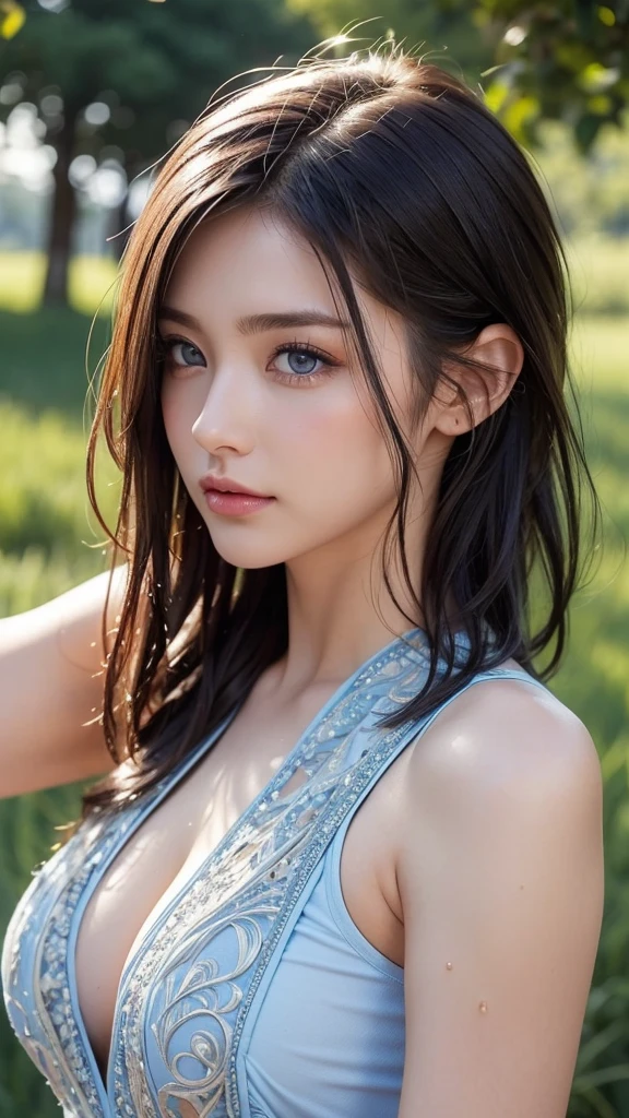 A sultry 27-year-old woman with piercing blue eyes and luscious locks gazes directly into the camera lens, her full lips slightly upturned in a mischievous grin. Close-up portrait of a young woman with vibrant, blowing hair and mesmerizing eyes, posing in mid-flight amidst a serene garden filled with blooming flowers under soft, cinematic lighting, capturing charming, cute, and beautiful expression shining like a sunset amidst a rainbowish aura ((holographic)). Her flowing dress made of ultra-detailed petals appears to dance across her figure as she takes flight, set against a lush backdrop of colorful blooms.Jasmin of Aladin, photo-realistic, cinematic,
A young person wearing a black open dress, high fashion, photo shoot, raw photond. Sie sitzt vor dem Schreibtisch und hat Handy in der Hand.