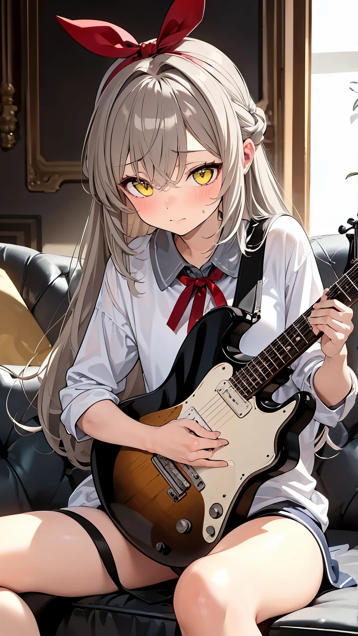 8K (high definition) (Super Detail) (masterpiece) (Highest Quality) detailed eyes detailed face detailed hands Delicate hair detailed wrinkles on clothes very elaborate body to hold a guitar fine skin (solo) early yellow eyes (Grey Hair) long hair Knot bungs red ribbon on the side of the head ( small ) Flushing Cheeks embarrassed expression Musician clothes lying on the sofa composition from an oblique bottom point the sole of the foot here