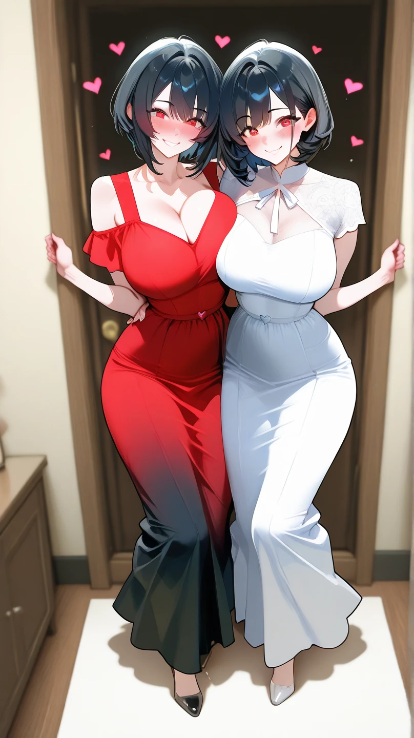 (masterpiece, best quality, high resolution, ((full body, standing,))((huge breasts)) 1 mature woman, , dark blue hair, short curly hair, red lips, highly detailed fantasy maid clothes, highly detailed maid headdress, highly detailed gloves and stockings detailed white color, smile, full body