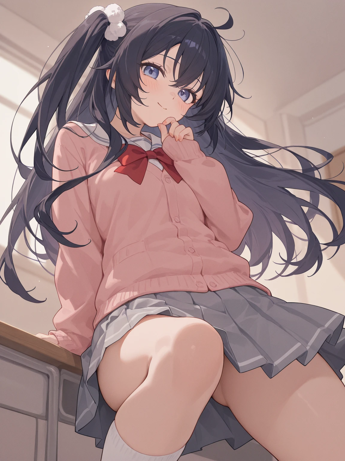 school classroom elementary school girl 8-year-old flat chest black hair long hair eyes are purple ((1 person)) Upper half length sleeve white sailor uniform Lower body navy blue miniskirt((White panties are visible)) black socks sneakers squatting down spread your legs a little I can see white panties dynamic angle Low angle from the front