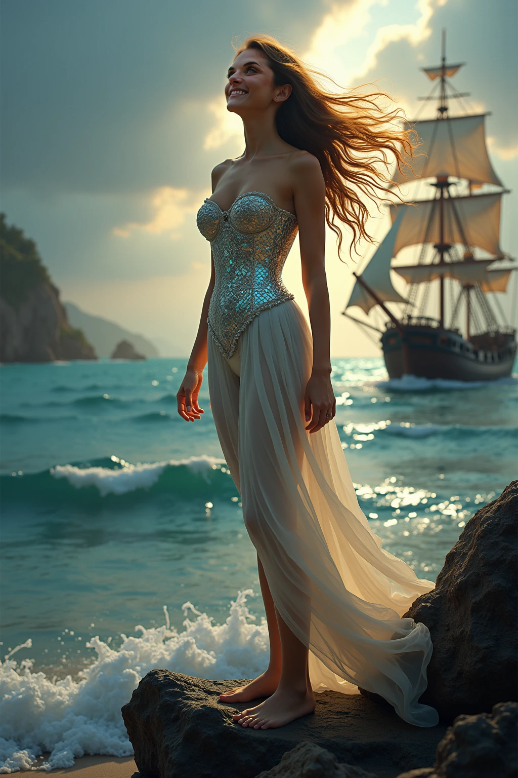 [front view]:[(((DEN_alisya_soa) gradient of the old sepia canvas)):20]:[painting of a woman in a dress standing in front of a body of water, art of edouard bisson, renaissance digital painting, gorgeous digital painting, elegant digital painting, baroque digital painting, wlop painting style, beautiful character painting, inspired by Henryk Siemiradzki, in style of wlop, beautiful digital painting, inspired by Howard Chandler Christy