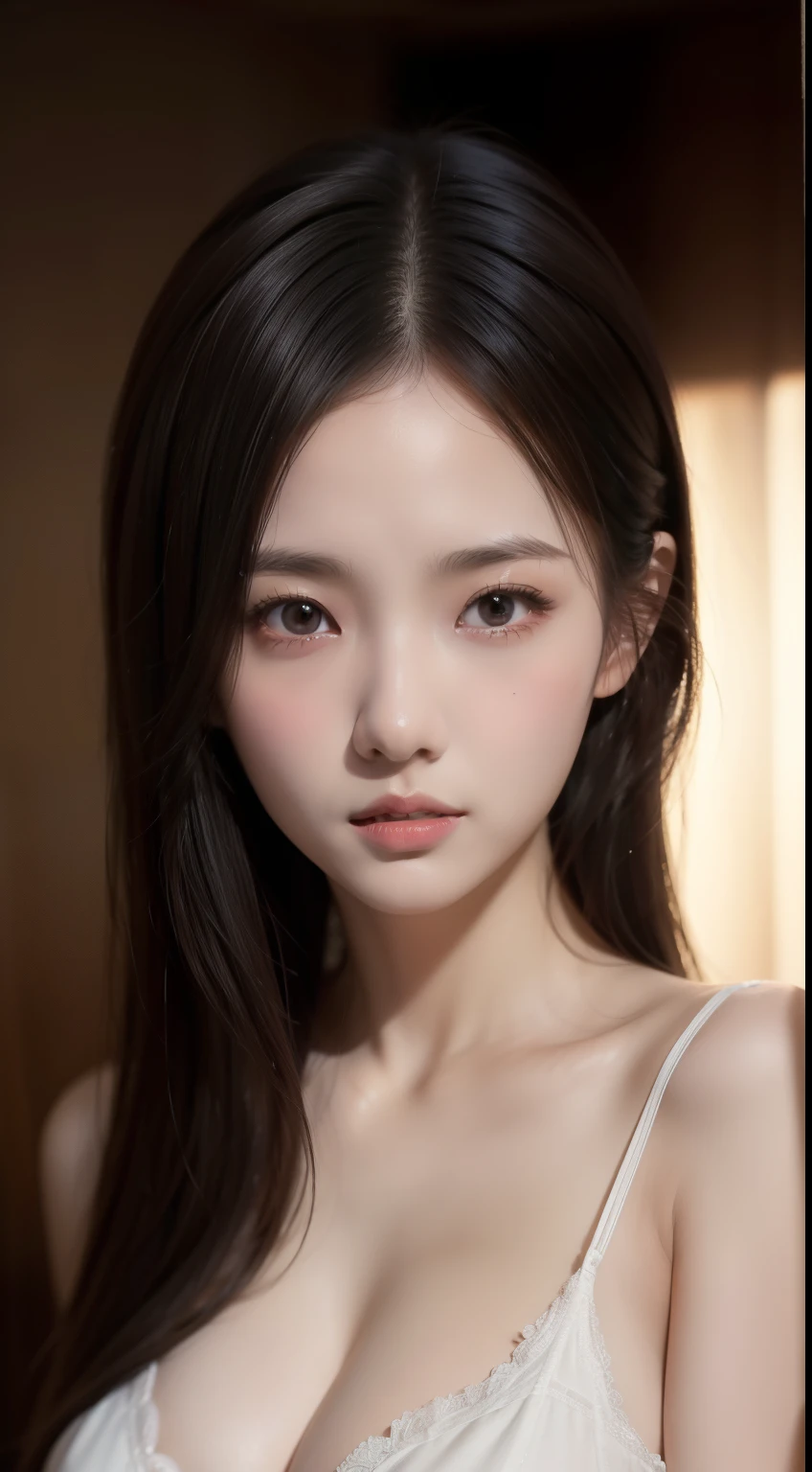 Portrait, 18 year old girl, Asian, realistic face, looks at viewer's face, ((()))