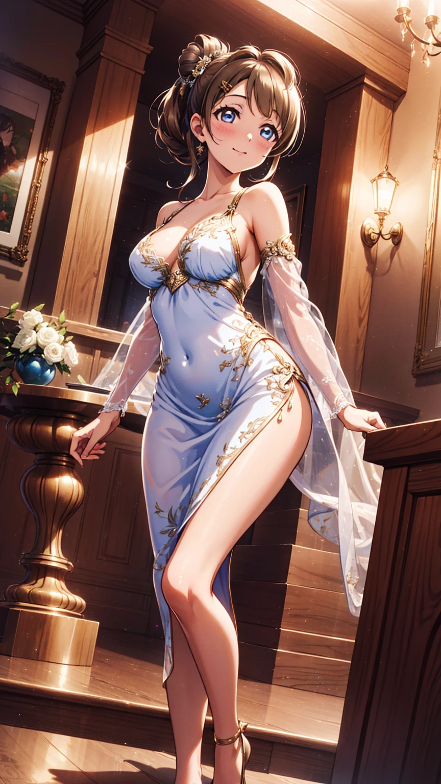 Best quality, masterpiece, high resolution, Chinese door opening, 1girl, large body, sexy extreme, light as gauze (see-through), large openwork sheer, beautiful and delicate face, (body of desire) Perfect slim body (nipple slip: 0.5), perfect snow-white skin,(Full Body),(cute face:1.15),(huge breasts:1.2)high-heels,big hips, medium thighs