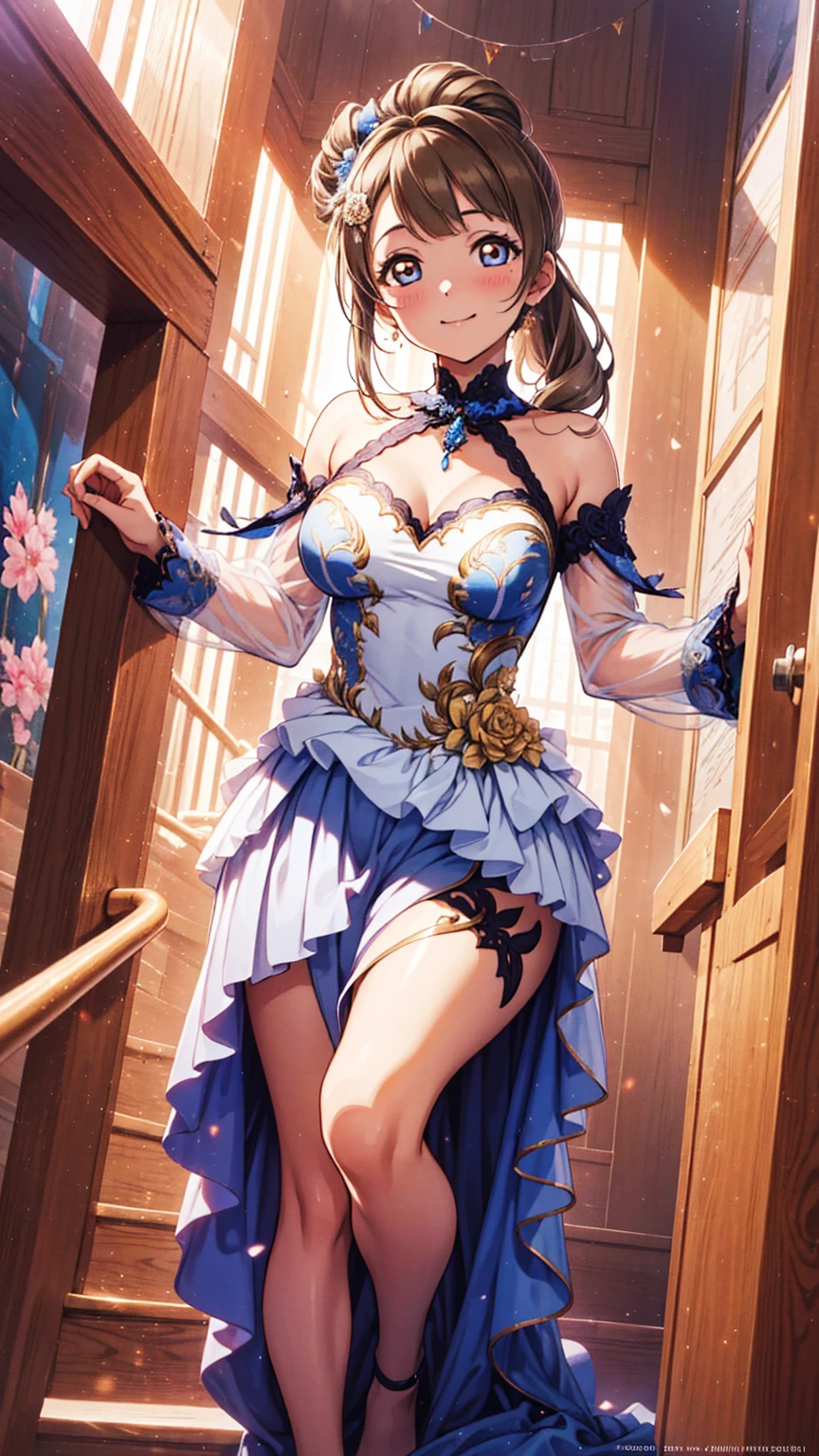 1girl, solo, brown hair, blue dress, white elbow length evening gloves, blue high heels, closed toe high heels
