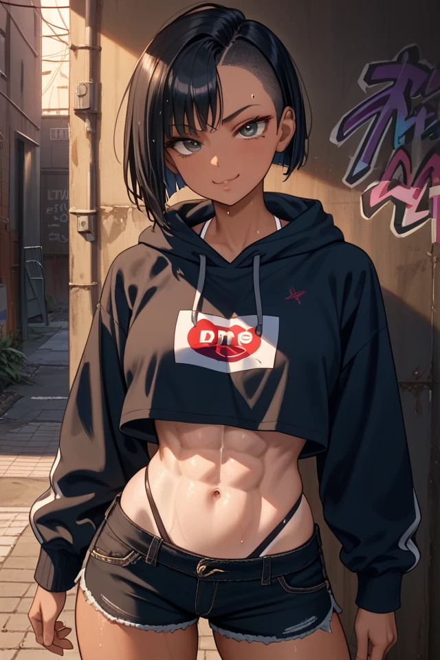 "(perfect masterpiece:1.2), (highest quality:1.2), stunning face, mature and chubby, Big eyes, compensate, long and luxurious eyelashes, lip whole, irresistible charisma.",belly button,((())),(((very short hair))),abs,raised his arms,((((sports bra)))),NSFW,(((muscle ))),black hair,((((flat chest)))),((boyish)),hairclip,(((bodybuilder))),collar,wet,(((((mini skirt))))), Thick thighs