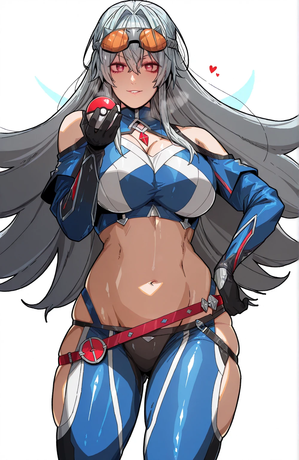 Masterpiece, very detailed, ultra detailed, one, (1 woman), She is in obsidian armor with blue details and in an elegant pose, super mature, tall, mom, mature mother, chocolate skin color, dark skin color, tanned skin color, super long hair, bright white white hair, white thin dragon horns, beautiful, charming, bright blue eyes, elegant, athletic body, six pack abs, big breasts (huge, torn), cheerful breasts, lustful smile, charming, dark background, bold atmosphere against the background of nature and forest.