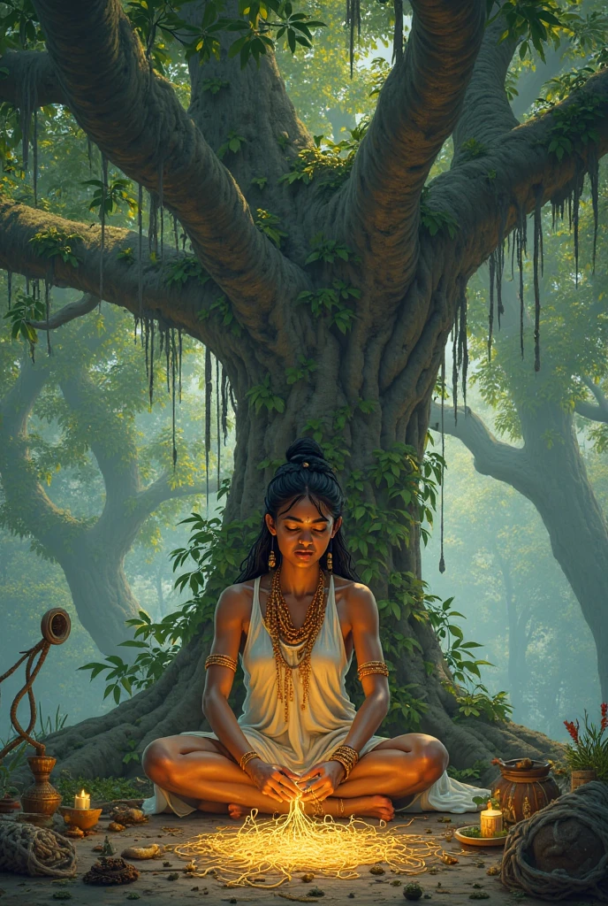 painting of a woman sitting in a lotus position with her hands in the air, nature goddess, afrocentric mysticism, dmt goddess, dark skin female goddess of love, patron saint of 🛸🌈👩🏾, goddess art, goddess portrait, a stunning portrait of a goddess, goddess of nature, beautiful goddess, by Thomas Blackshear, goddess of the forest