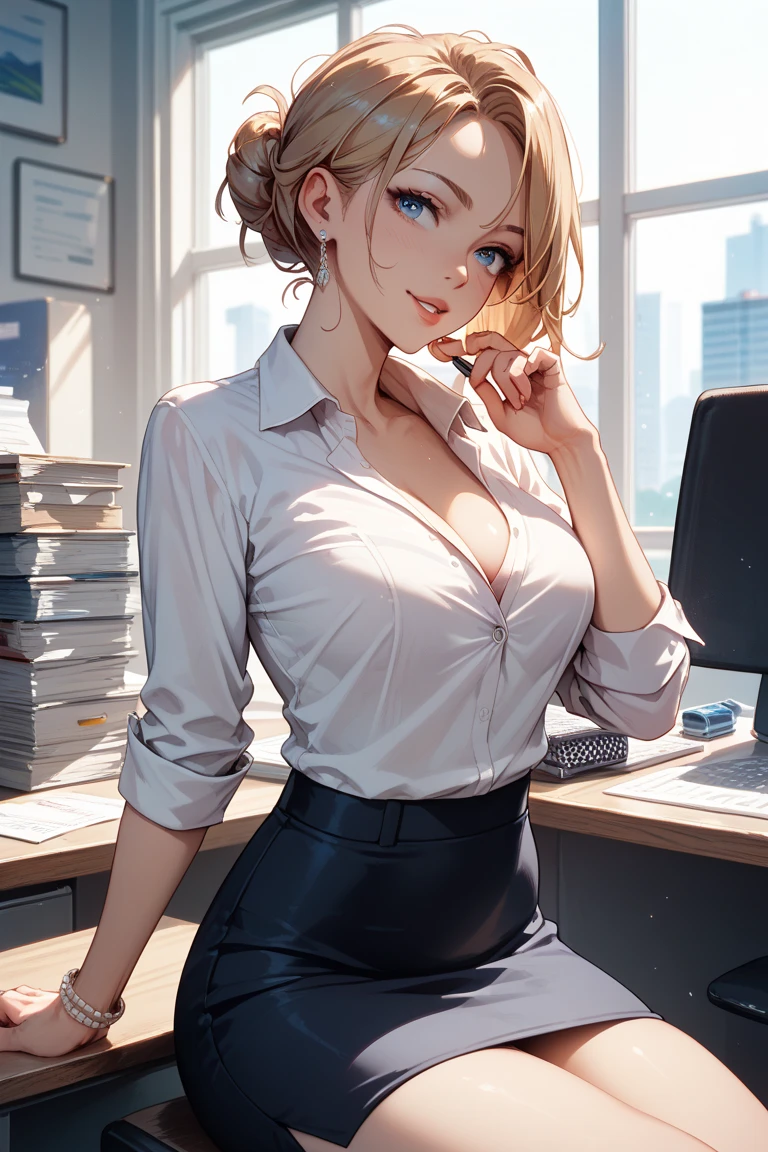 (masterpiece:1.2, highest quality), (realistic, photorealistic:1.4), beautiful illustrations, (natural side lighting, movie lighting),  
 1 girl,  16 years old、perfect face, Cute symmetrical face, shiny skin, 
shiny skin, (blonde、one length bob:1.3)、Bob Wanlen、blue eyes、hair between eyes, slanted eyes, long eyelashes, Medium chest, thin,  formal shirts、pencil skirt beautiful hair, beautiful face, thin and beautiful eyes, beautiful clavicle, beautiful body, beautiful breasts, beautiful thighs, beautiful feet, beautiful fingers, 
((office、mechanical、PC Monitor、sheet、Pile of materials、Coffee cup)), that&#39;night outside,  head tilt,