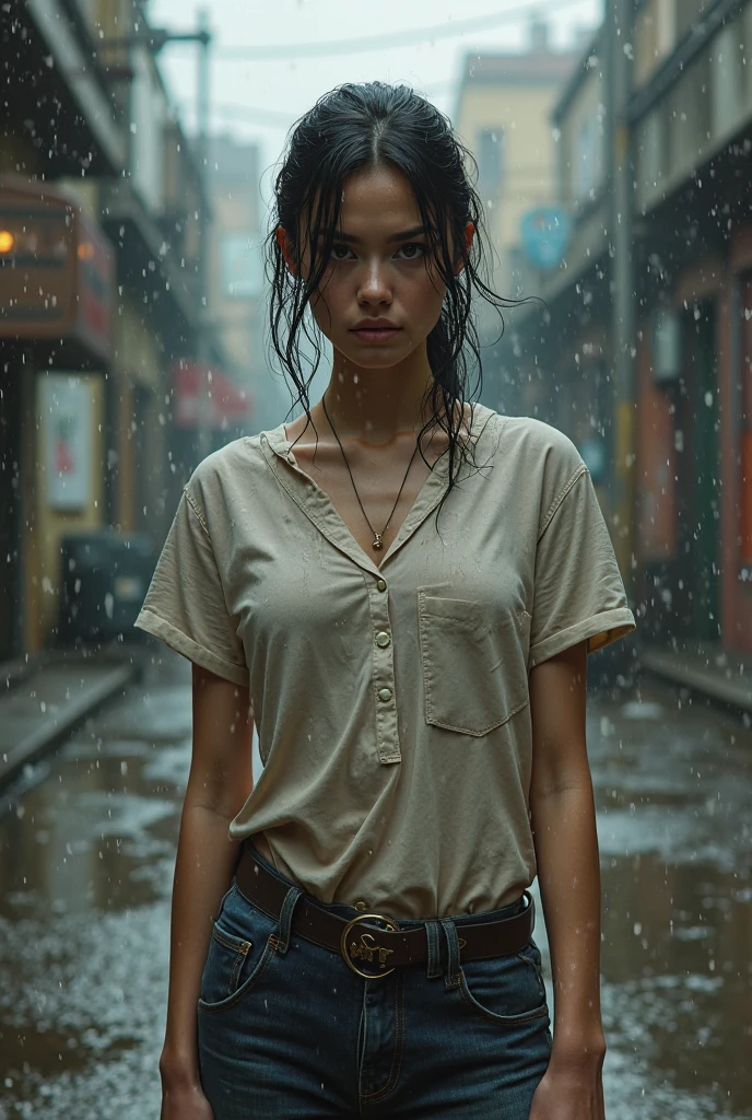Beautiful woman wearing a button-up suit in the rain with wet hair, (Masterpiece:1.2) (illustration:1.1) (best quality:1.2) (details) (complicated) (8k) (HDR) (Wallpaper) (movie light) (Sharp focus)