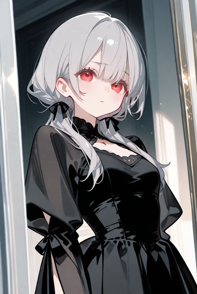 8k,High resolution RAW color art,Anime Art, (((Very detailed and cool))), Detailed skin, Blurry、texture,(Exquisitely crafted, Finer details, Ultra-detailed art), (((1 girl))), Written boundary depth, Silky to the touch, Hyper Detail, (((Cool face))), eye shadow、Silver Marble Skin, Beautiful and detailed red eyes, Beautiful lip detail, Very delicate face, Delicate depiction of hair and eyes, Delicate fashion, Full body description、Long silver hair、Red Eyes、Simple maid clothes、Inside the house、A subtle piece、Standing posture、Classical Long(Black and white)
