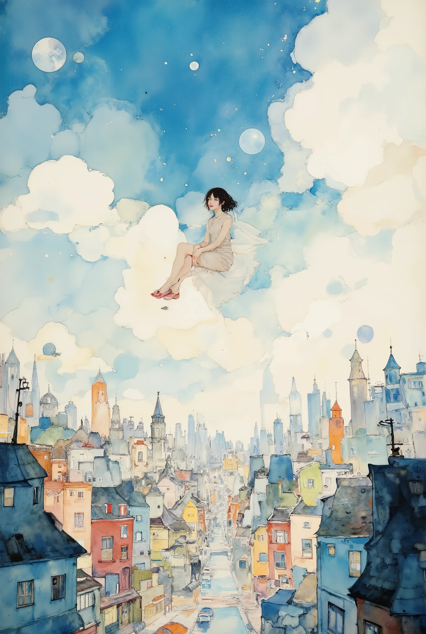 (Very Beautiful and Exquisite Watercolor Painting:1.5),Beautiful Nature, Extremely Exquisite Bird View of the City、Girl Flying Over Urban Buildings、in their 40s ,Background Overlooking the City from High Altitude、Blue Sky and White Clouds Glowing Background、quality\(8k,非常に精細なCGユニットのwallpaper, masterpiece,high definition,top-quality,top-quality real texture skin,surrealistic,Increase Resolution,RAW Photo,最高のquality,Very Detailed,wallpaper\)、correct finger