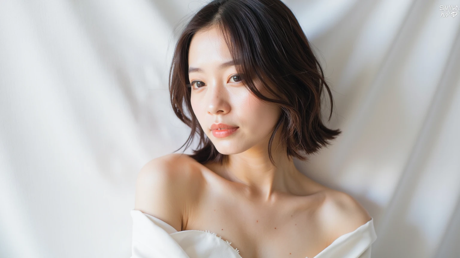 closeup portrait of vietnamese woman, raw photo, real photo, realism, real skin, pores, rough skin, smooth and shiny hair, detail skin, nature expression, fashion model mood, detail blood vessels, Her face like a fashion model, bare shoulder, v-line collar clothes, nature light, enhance light, big breasts, giant breasts, dynamic pose, bokeh background. random style hair, random color hair, white studio background, unblurry, shiny silk fabric