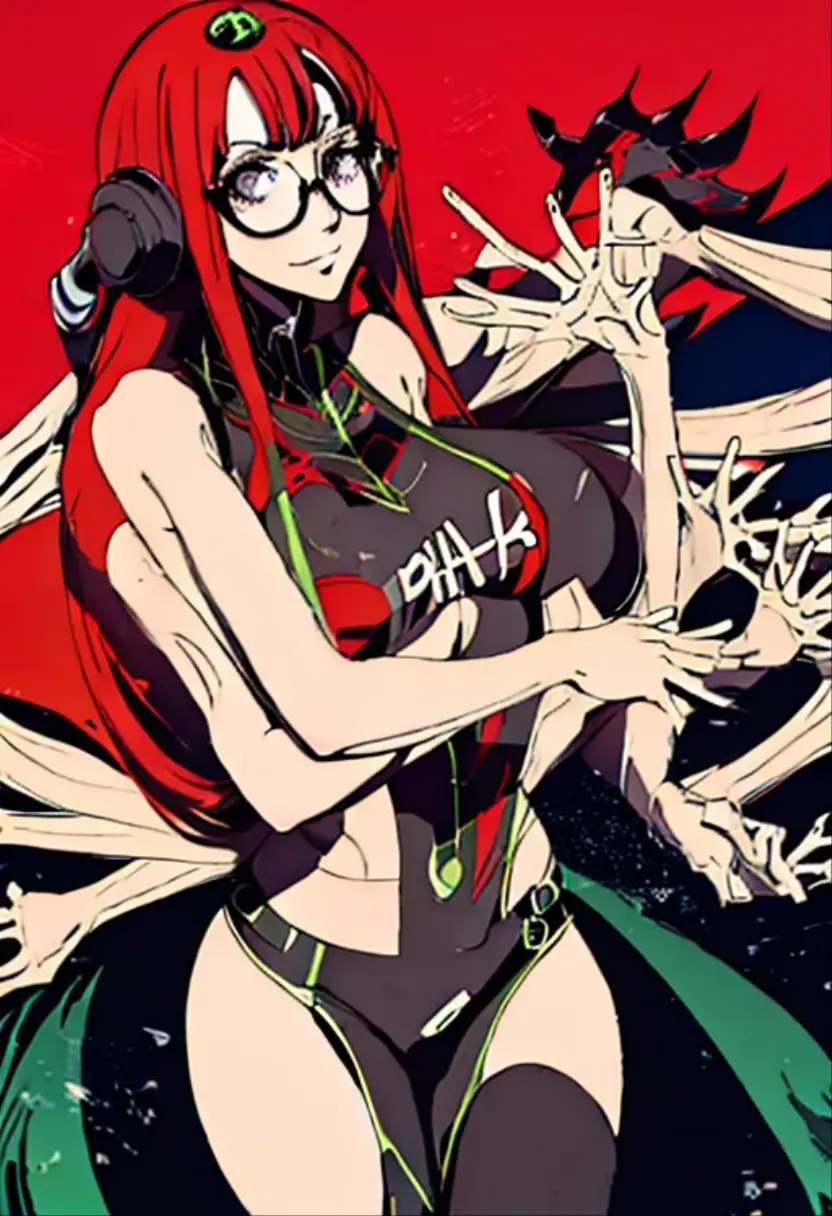 COnjoined naked futaba with disproportioned boobs, three heads and six arms