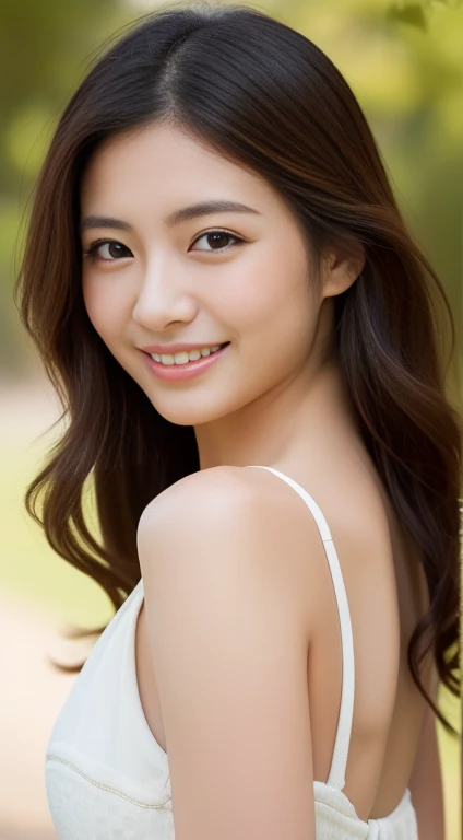 Japanese ),((beautiful girl)),cleavage,An expression that imagines something pleasant:1.2,(perfect body beauty:1.2),((perfect body)),(shy smile),beautiful teeth,