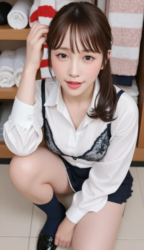 nsfw, black long hair, ,classroom, ((open legs:1.5)), Big Tits、double eyelid、Highest quality, Very detailed, Fine details, High resolution, 8K, Perfect dynamic composition, Beautiful details, A shy smile,Beautiful 20 year old woman、The only person, Cute type、Round eyes、Sailor suit、Nipples are visible、Panty shot、valley、Sit on the desk、White underwear、M-shaped legs、White shorts