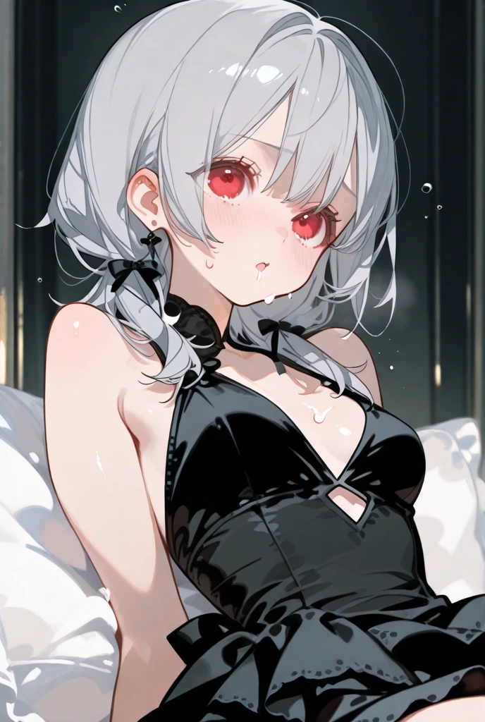 By Ilya Kuvshinov, 1girl, white hair, short hair, stuck out, black bra, torn clothes, black panties, sitting, in bed, bedroom background, masterpiece, highres, detailed, 4k, sweat,