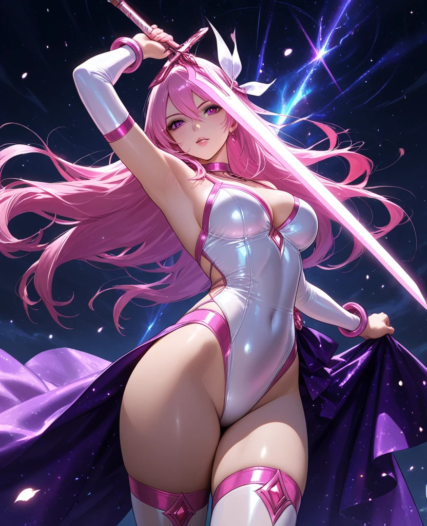 (((Highest quality、first class、masterpiece、Normal body、8k、Detailed face、Ultra-precision、normal hand、Normal refer to、5refer to、Highest)))、Lacus Clyne、"Gundam SEED"、High-leg pilot suit、Pink and white pilot suit、The body line is clearly visible up to the nipples.、Prisoner、Constraints、Crucifixion、first round、Chain bondage、Chain makeup、Mass chains、Ganji with chains、With open arms、Raise your hands、両手を鎖でConstraintsCrucifixion、X字のConstraints台、十字架Crucifixion、CrossBondage、His suit was ripped and in tatters、prison、blush、Feeling embarrassed
