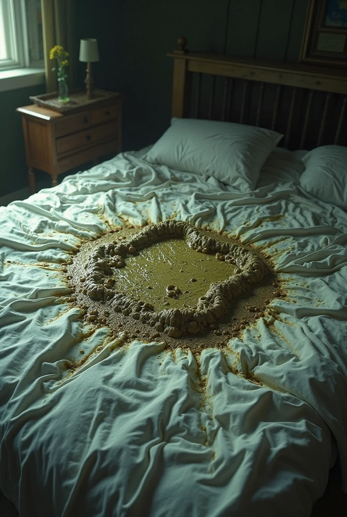 A slime girl (Christna Hendricks, age 25, translucent, made of green slime) has snuck onto a woman's bedroom and is trying on clothes. Slime foot prints