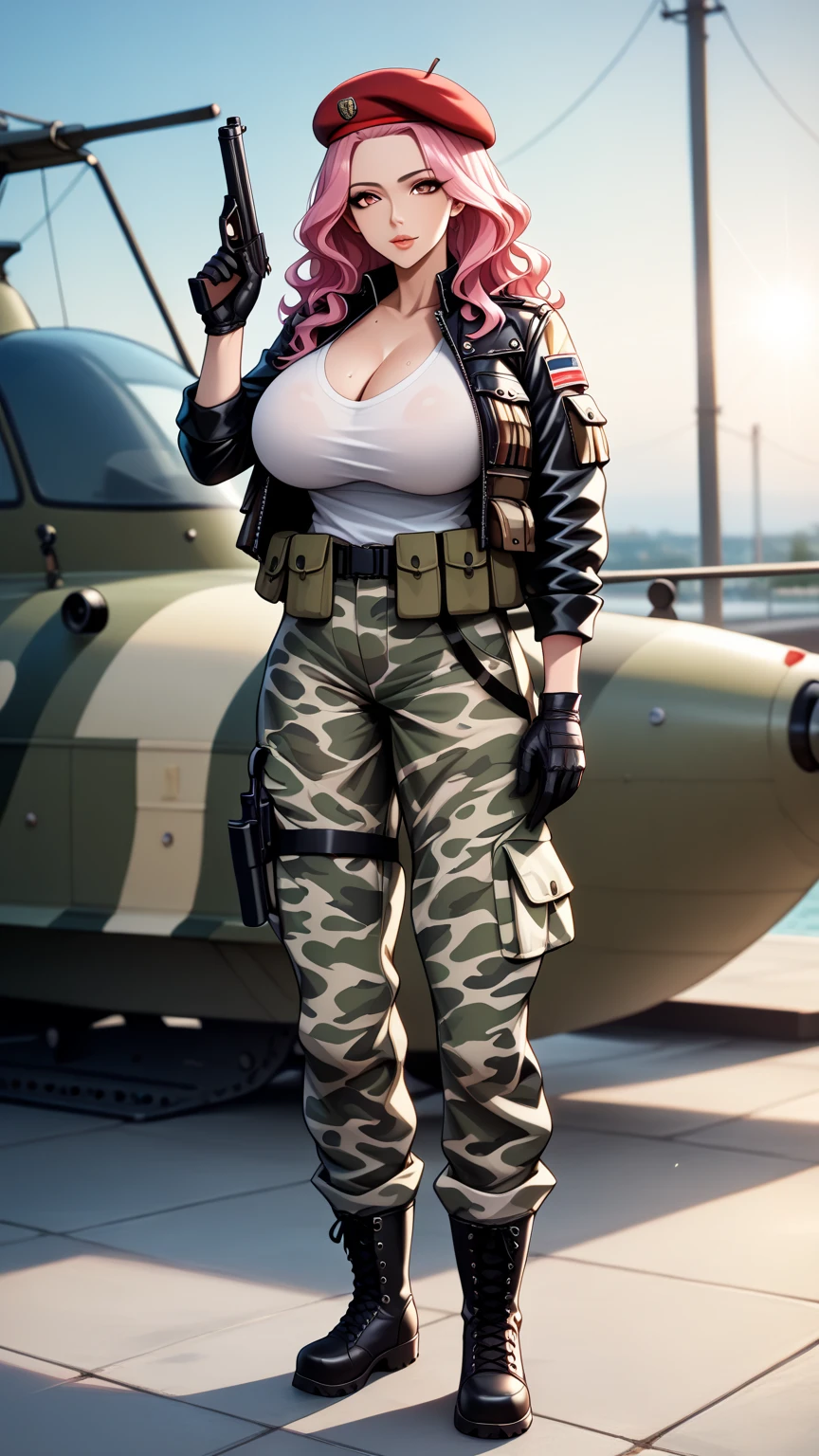 (best quality,highres,ultra-detailed,realistic:1.37), busty mercenary, teasing pose, cute face, huge breasts, sexy combat outfit, ammo belt, weapons, leaning on war wagon, full body, illustrations, studio lighting, intense colors, sharp focus.