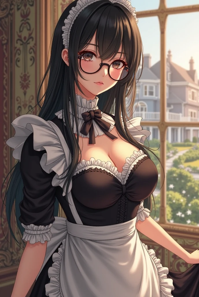 {{masterpiece}},high quality, 4K, 2D, 1 girl,{simple gray background},50 years old,standing,sagging breasts,{{gigantic breasts}},maid,front face,{{tareme}},attractive mature lady,black hair, {from right in front of face and body},View viewers from front,{front facing shot},Wear glasses,mole under eye,(serious:0.1)
